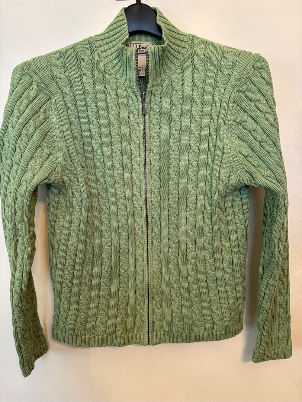L.L. Bean Light Green Cable-Knit Zip Cardigan